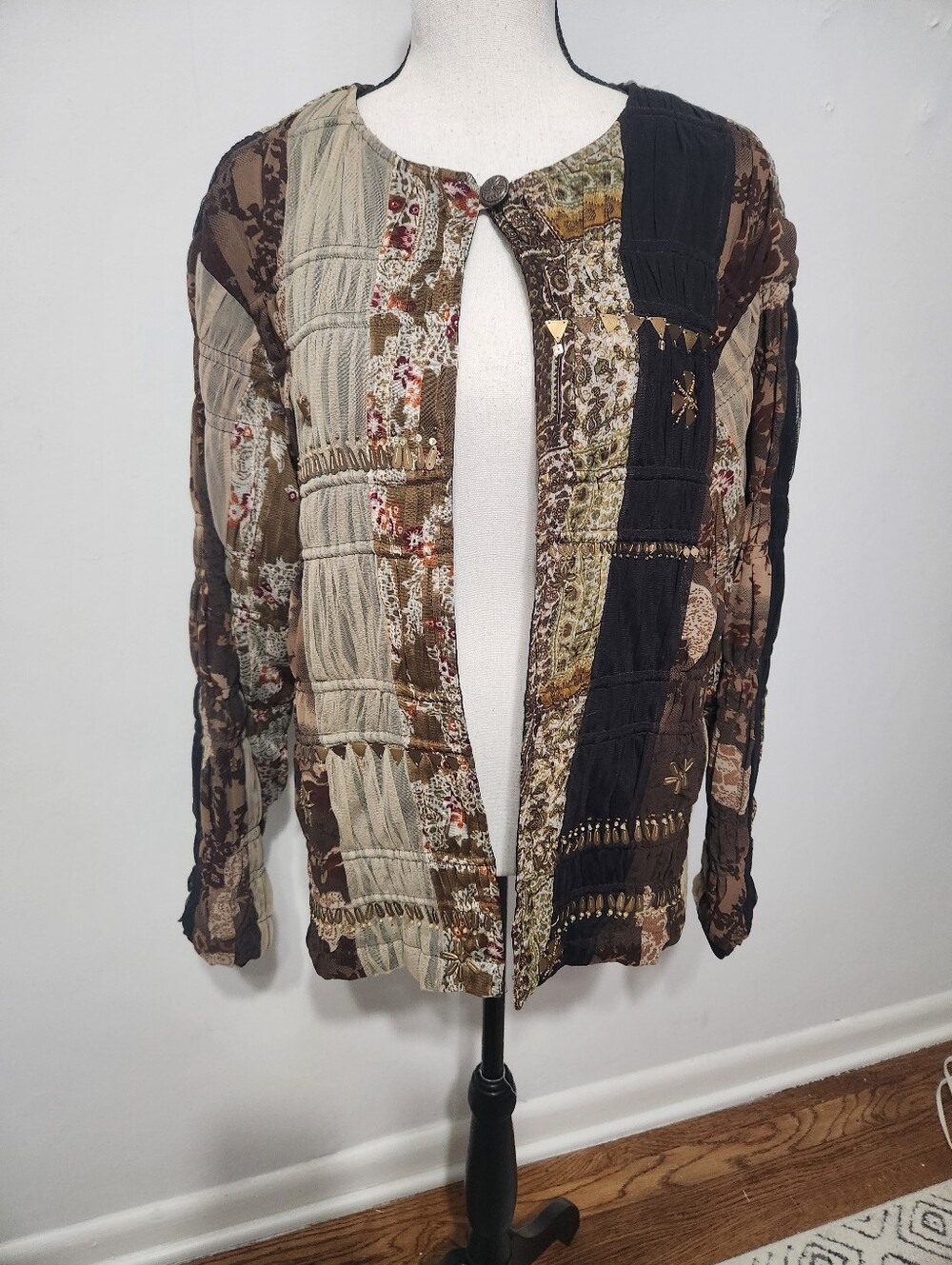 Coldwater Creek Boho Patchwork Embellished Multimedia Jacket Artsy Lagenlook XL - Picture 3 of 10